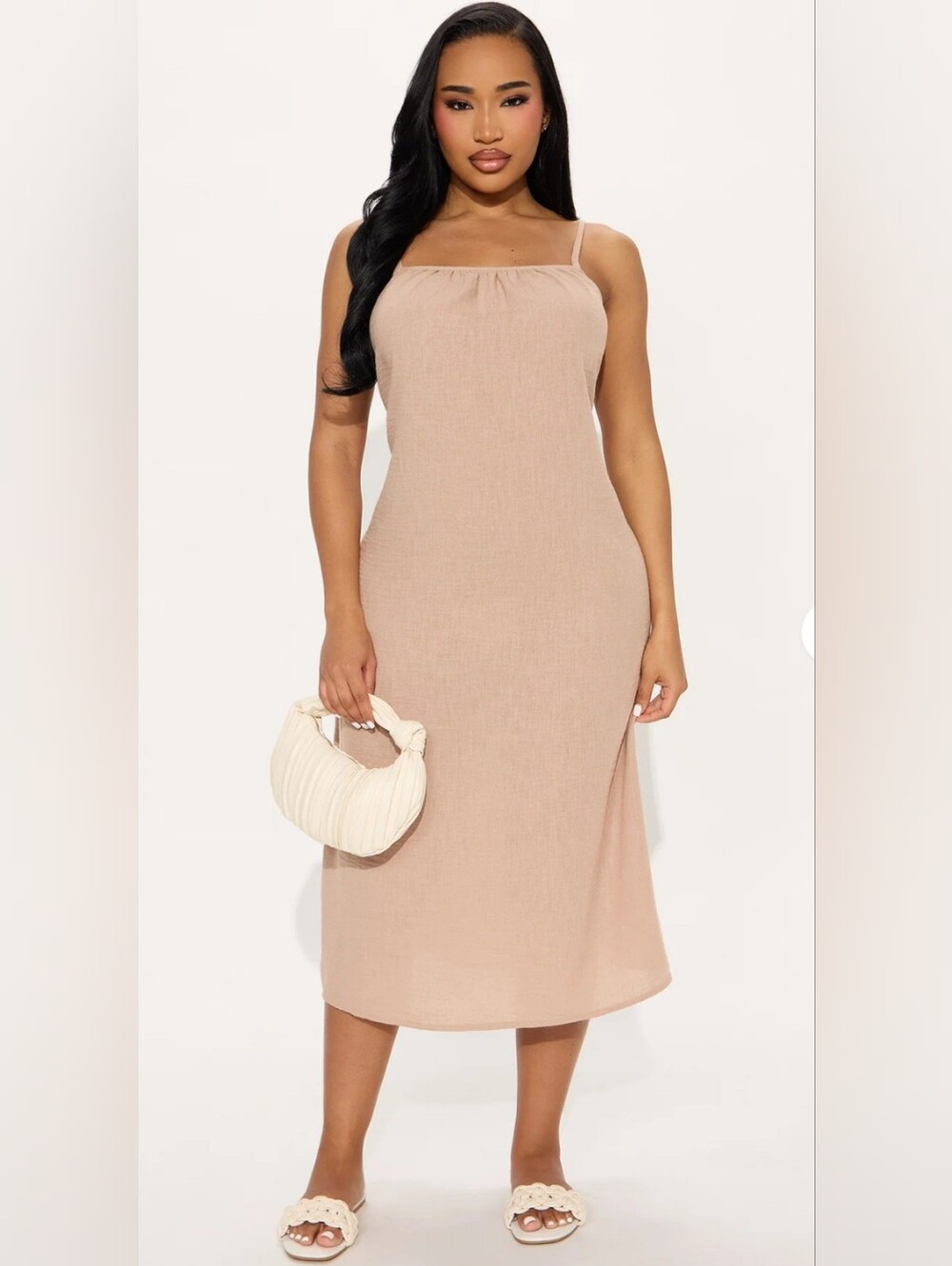 Double Zero Tan Beige Square-Neck Midi Dress